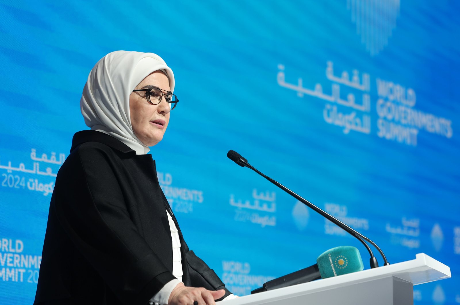 First Lady Emine Erdoğan speaks at the World Governments Summit in Dubai, the UAE, Feb. 13, 2024. (AA Photo)