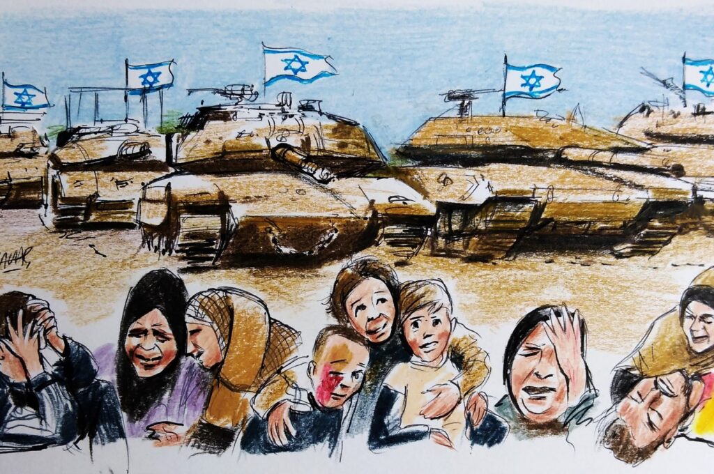 "The present situation in Gaza is truly dire, yet reports have already surfaced that Zionist ministers are considering restricting the flow of aid, under domestic pressure from protesters calling for the blocking of its entry into the strip." (Illustration by Erhan Yalvaç)