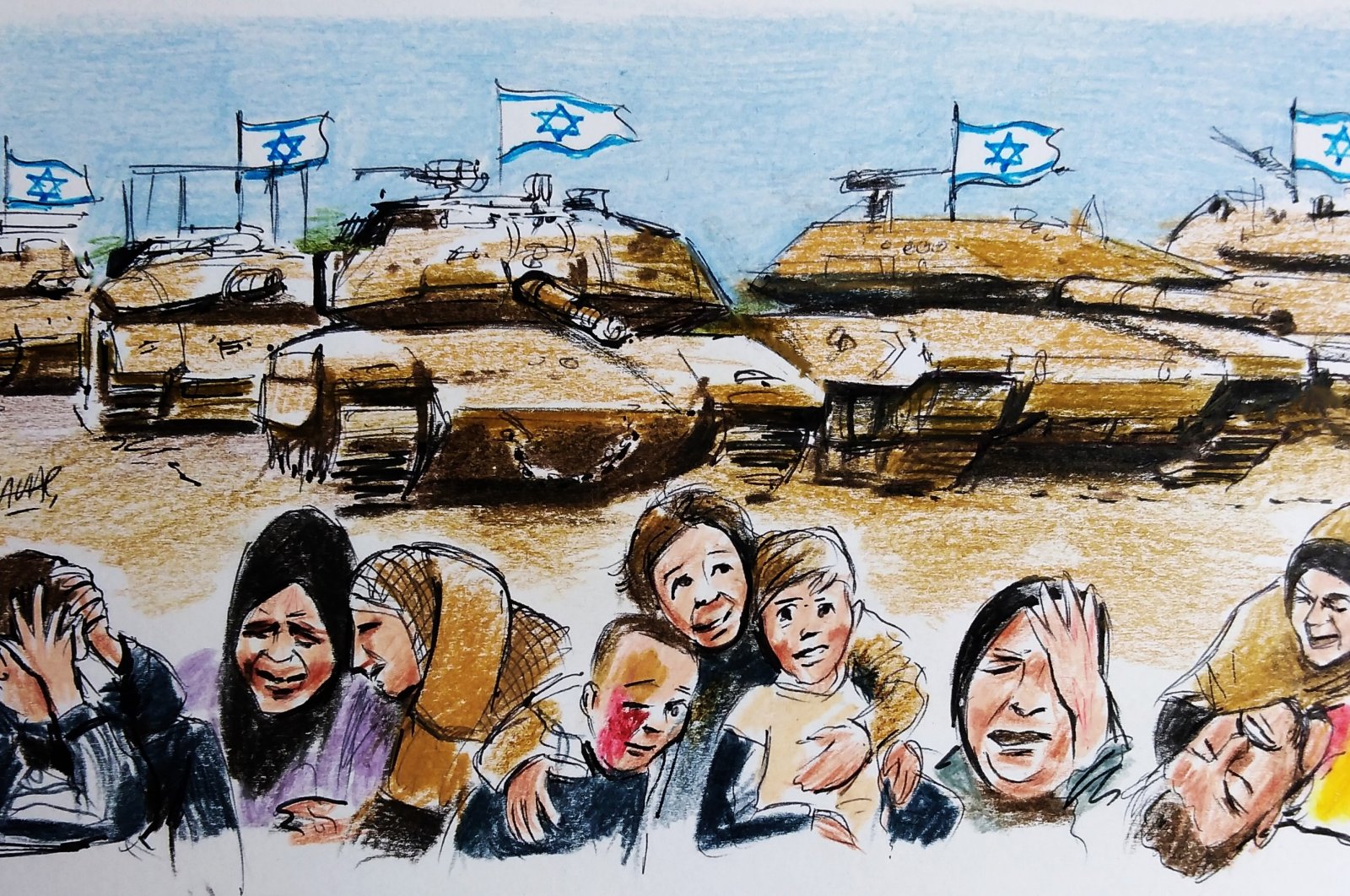 "The present situation in Gaza is truly dire, yet reports have already surfaced that Zionist ministers are considering restricting the flow of aid, under domestic pressure from protesters calling for the blocking of its entry into the strip." (Illustration by Erhan Yalvaç)