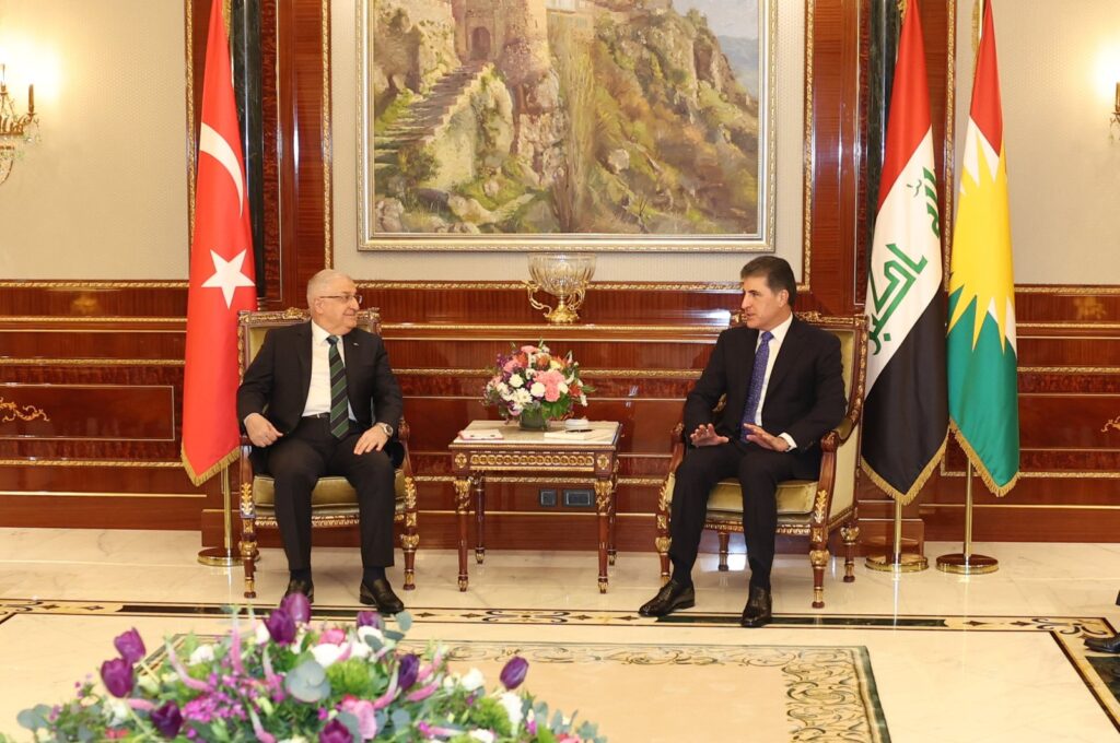 Defense Minister Yaşar Güler (L) meets with Nechirvan Barzani, the head of Iraq's Kurdish Regional Government (KRG), Irbil, Iraq, Feb. 7, 2024. (AA Photo)