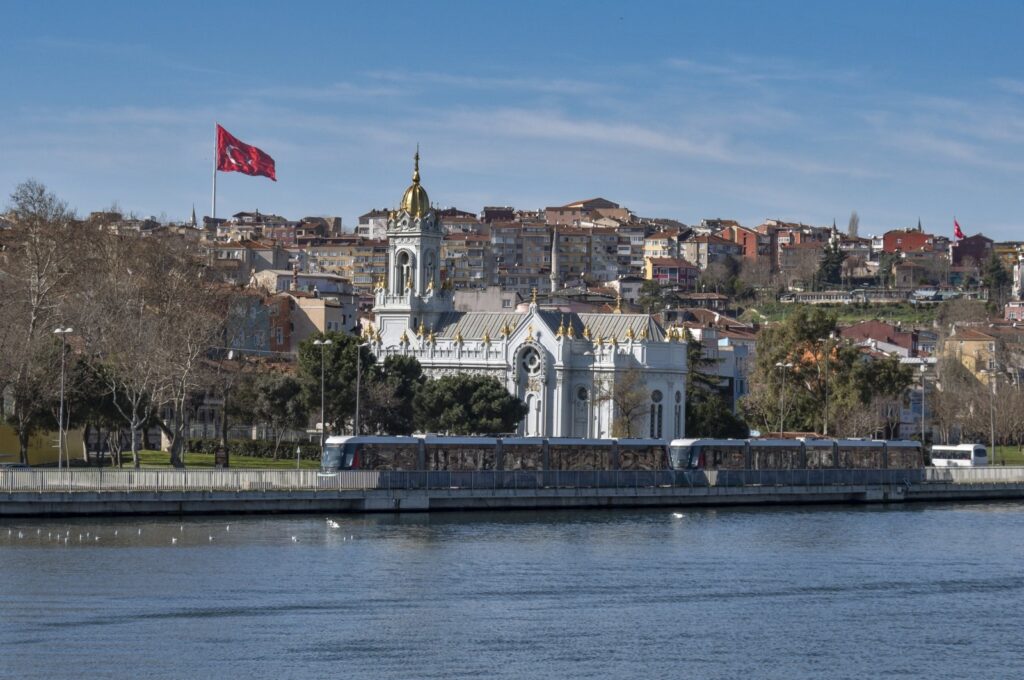 The Alibeyköy-Eminönü tram between Balat and Fener neighborhoods on the shores of Golden Horn, Istanbul, Türkiye, Feb. 20, 2024. (Getty Images)
