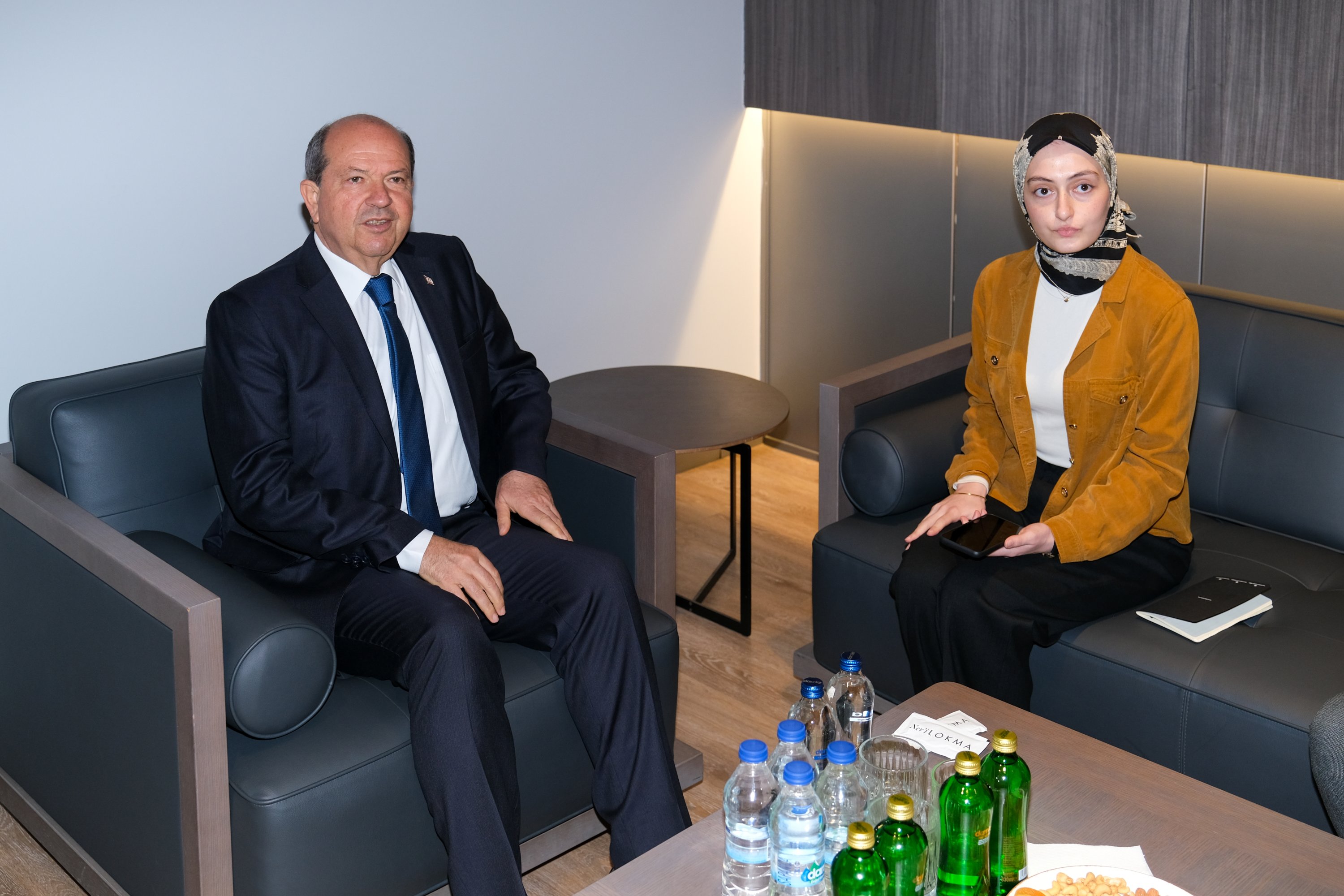 316404 Turkish Republic of Northern Cyprus (TRNC) President Ersin Tatar (L) speaks at an interview with Didenur Daştan of Daily Sabah, Istanbul, Türkiye, Feb. 22, 2024. (Photo Courtesy of Turkuvaz Media)