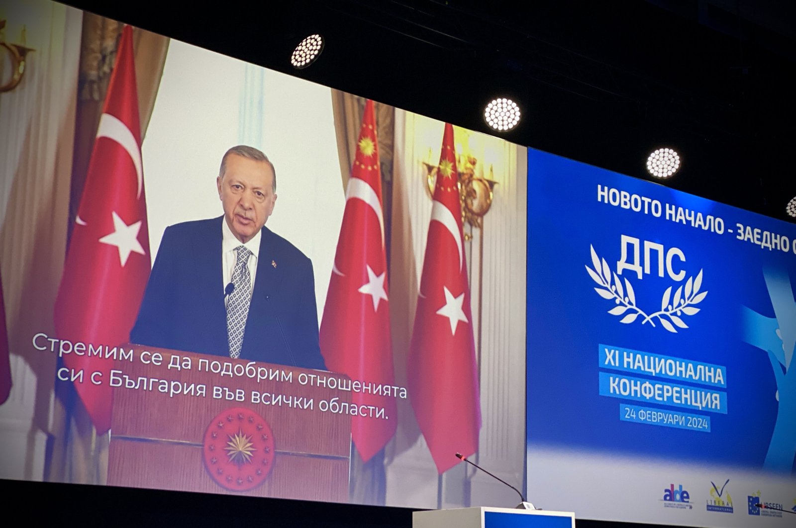 President Recep Tayyip Erdoğan delivers a speech in a video message sent to the congress of Bulgaria's political party Movement for Rights and Freedoms, Sofia, Bulgaria, Feb. 24, 2024 (AA Photo)
