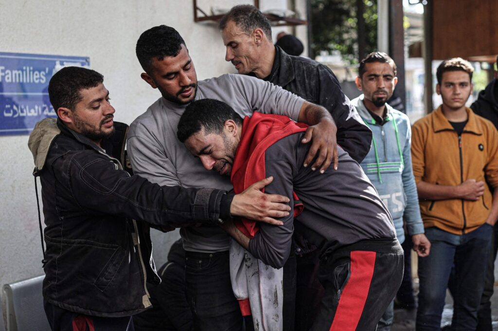 Palestinians mourn relatives killed in Israeli airstrikes on the Rafah refugee camp at Al-Najjar Hospital in Rafah, in the southern Gaza Strip, Palestine, Feb. 24, 2024. (AFP Photo)