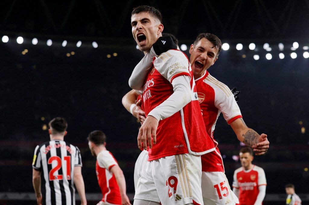 Arsenal's Kai Havertz (L) celebrates scoring against Newcastle United, London, U.K., Feb. 24, 2024. (Reuters Photo)