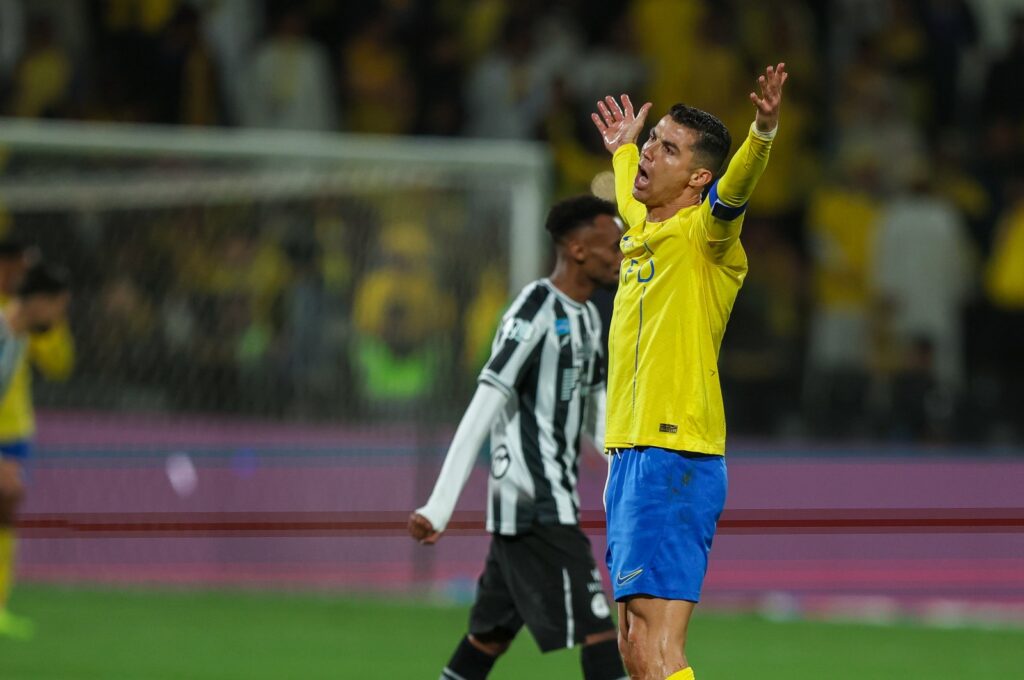 Al-Nassr's Cristiano Ronaldo reacts during the Saudi Pro League match against Al-Shabab at Al-Shabab Club Stadium Riyadh, Saudi Arabia, Feb. 25, 2024. (Getty Images Photo)