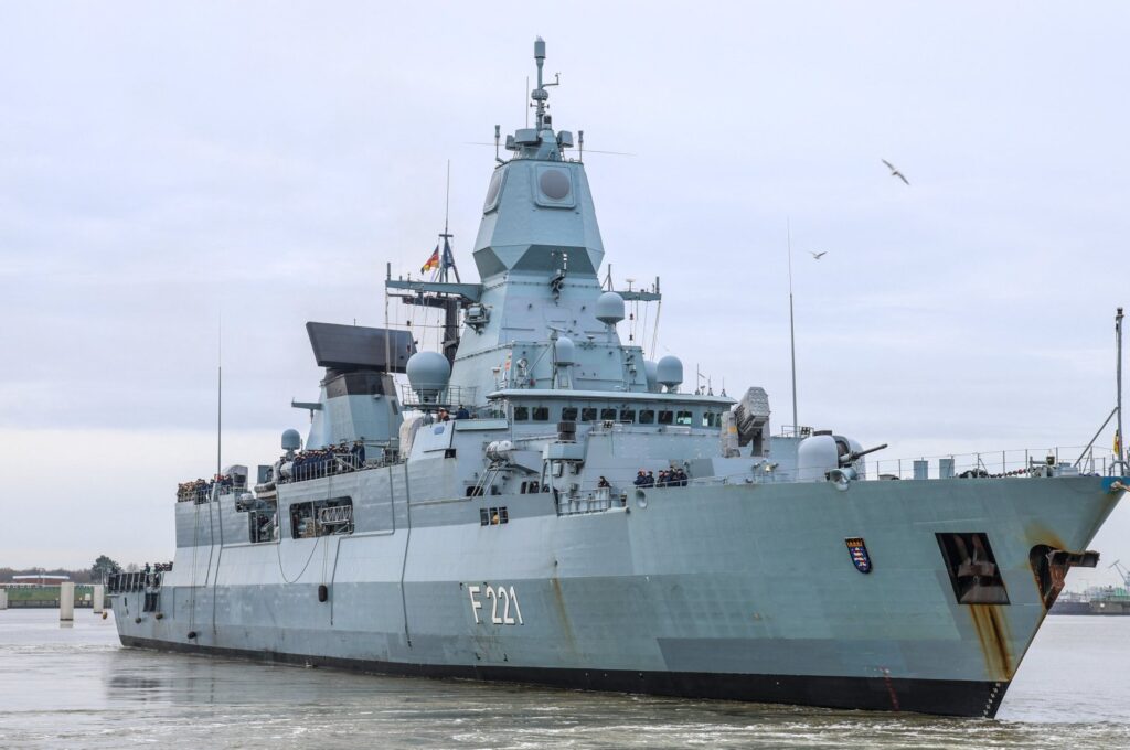 The frigate F 221 Hessen of the German Bundesmarine navy leaves its home port Wilhelmshaven for the Mediterranean Sea on Feb. 8, 2024. (AFP Photo)