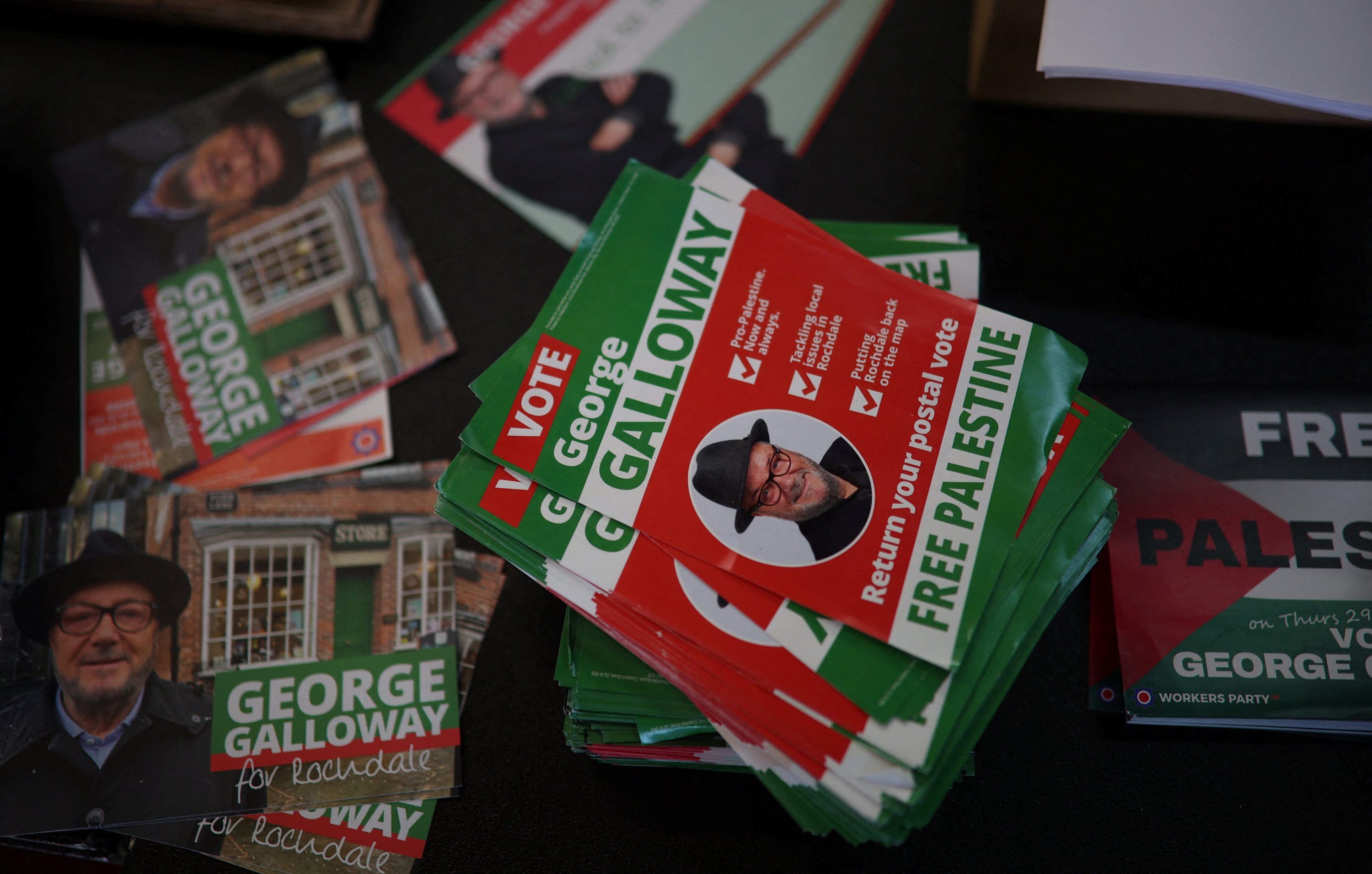 317587 Election leaflets encouraging people to vote for candidate George Galloway, leader of the Workers Party of Britain, are seen in his campaign office ahead of the upcoming Parliamentary by-election, Rochdale, U.K., Feb. 26, 2024. (Reuters Photo)