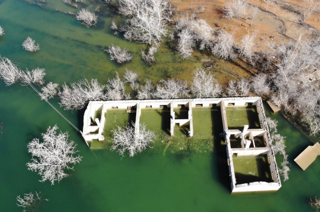 The Tekkale village castle, believed to date back to the Middle Ages, resurfaced after water was released from Yusufeli dam, Artvin, Türkiye, March 03, 2024. (AA Photo)