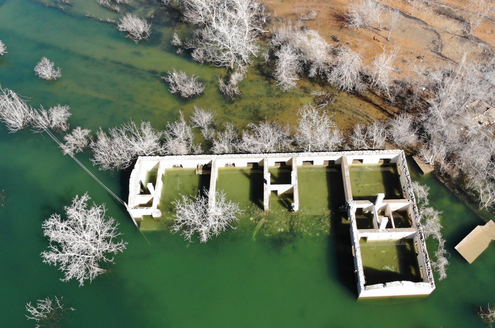 The Tekkale village castle, believed to date back to the Middle Ages, resurfaced after water was released from Yusufeli dam, Artvin, Türkiye, March 03, 2024. (AA Photo)