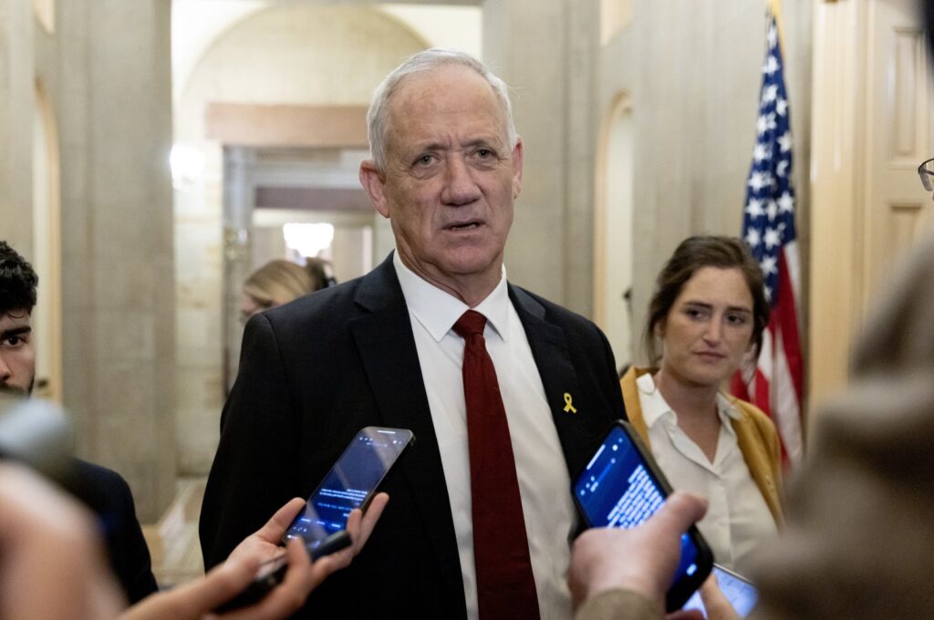 Israel's war Cabinet member Benny Gantz (C) leaves a meeting with Senate Minority Leader Mitch McConnell on Capitol Hill in Washington, D.C., U.S., March 4, 2024. (EPA Photo)