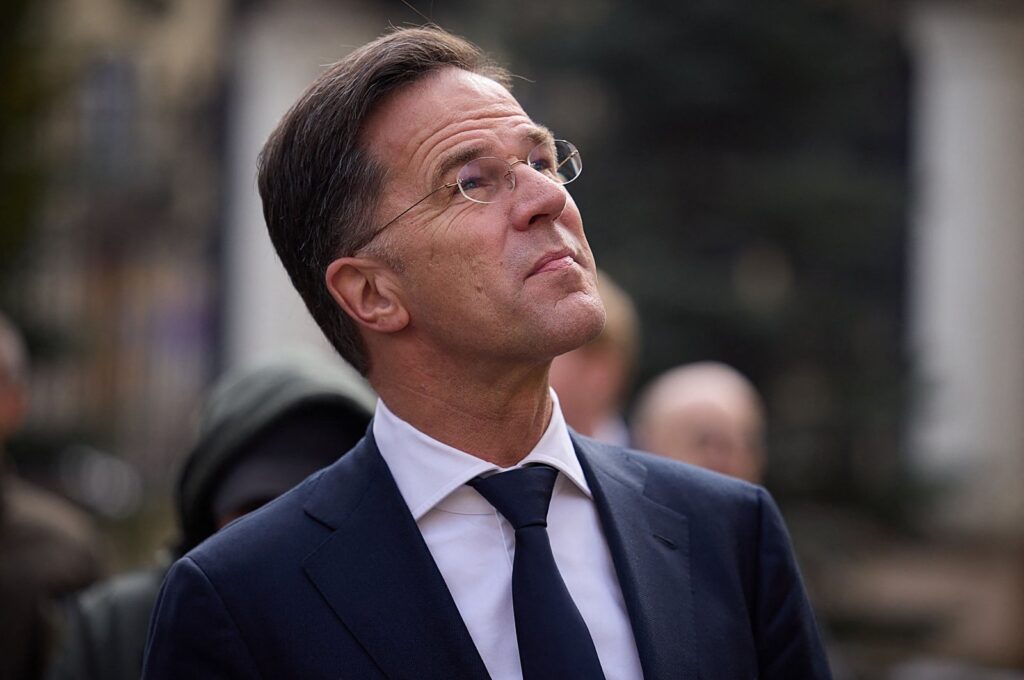 Prime Minister of the Netherlands Mark Rutte inspecting damaged buildings with Ukrainian President in Kharkiv, amid the Russian invasion of Ukraine, March 1, 2024. (Photo by Handout / Ukrainian Presidential Service via AFP)