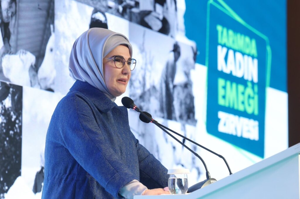 First lady Emine Erdoğan speaks at a "women in agriculture" summit in Ankara, Türkiye, March 6, 2024. (DHA Photo)