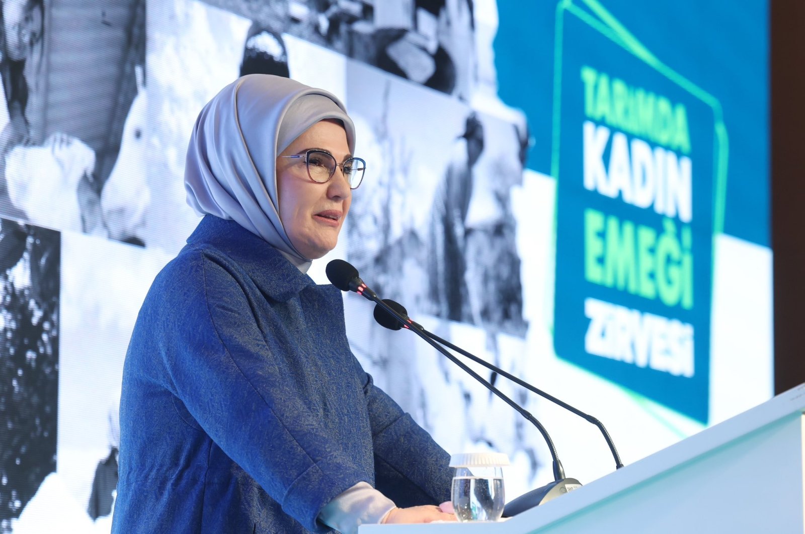 First lady Emine Erdoğan speaks at a "women in agriculture" summit in Ankara, Türkiye, March 6, 2024. (DHA Photo)