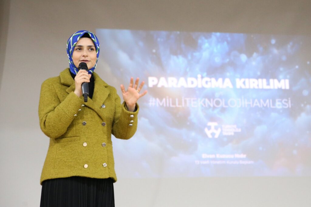 Chairperson of the board of directors of T3 Foundation, Elvan Kuzucu Hıdır, during a conference in western Manisa province, Türkiye, Feb. 14, 2024. (AA Photo)