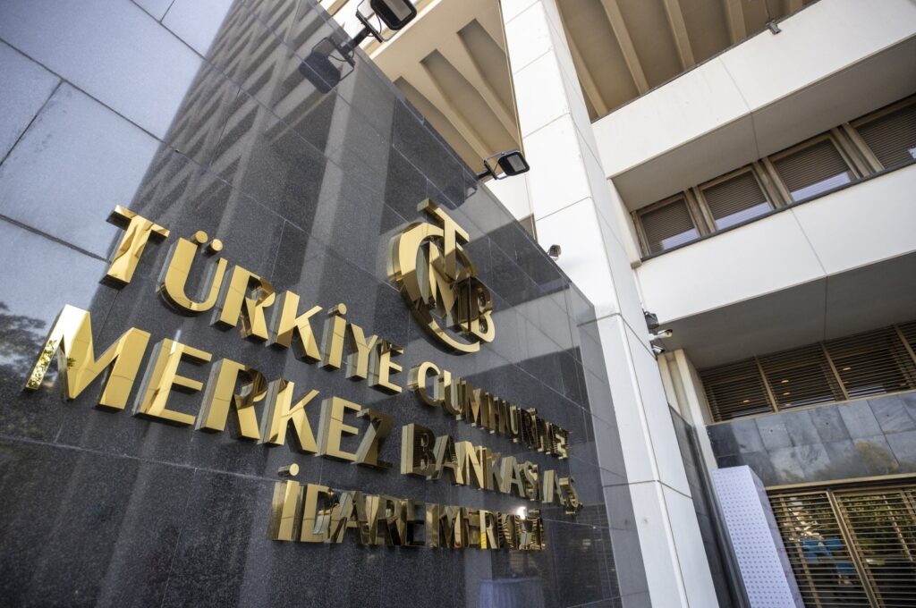 The logo of the Central Bank of the Republic of Türkiye (CBRT) is seen at the entrance of the bank's headquarters, Ankara, Türkiye, July 28, 2022. (AA Photo)