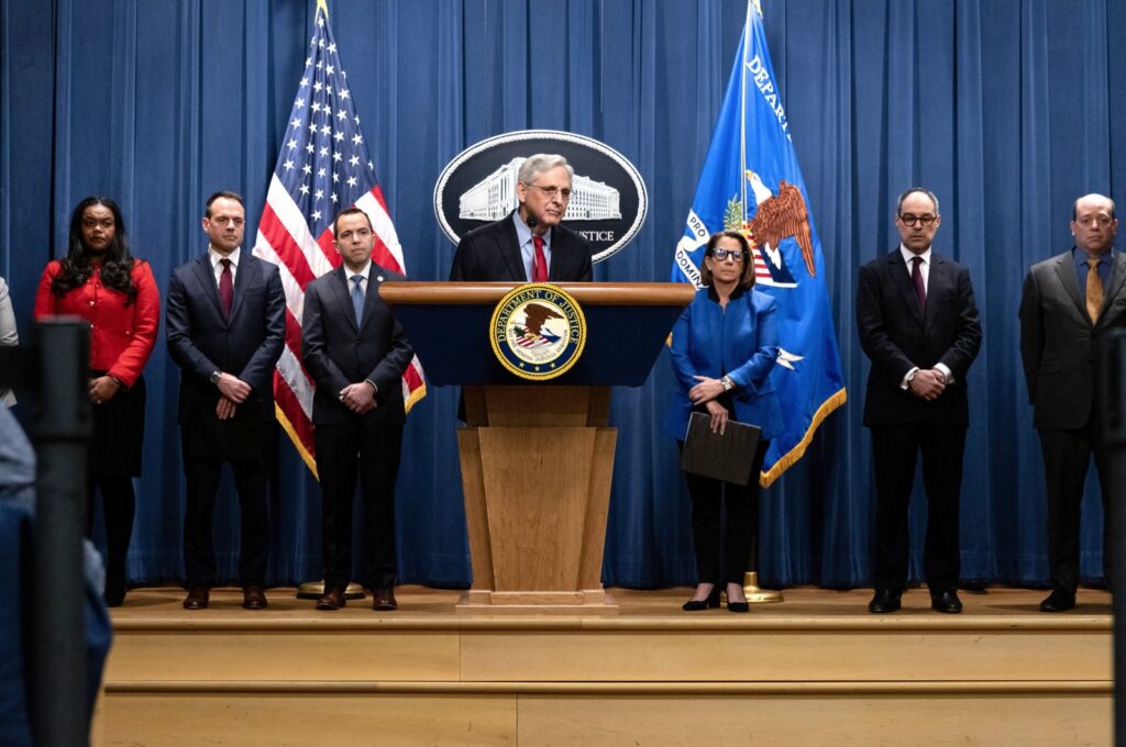 U.S. Attorney General Merrick Garland (C) speaks during a news conference announcing an antitrust case against Apple, at the Justice Department in Washington, D.C., U.S., March 21, 2024. (EPA Photo)