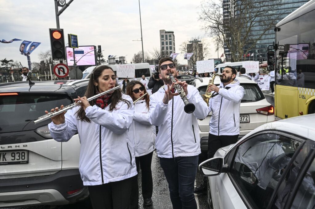 The "Stars of Istanbul" brass band perform at Büyükdere Avenue in Şişli, Istanbul, Türkiye, March 21, 2024. (AA Photo)