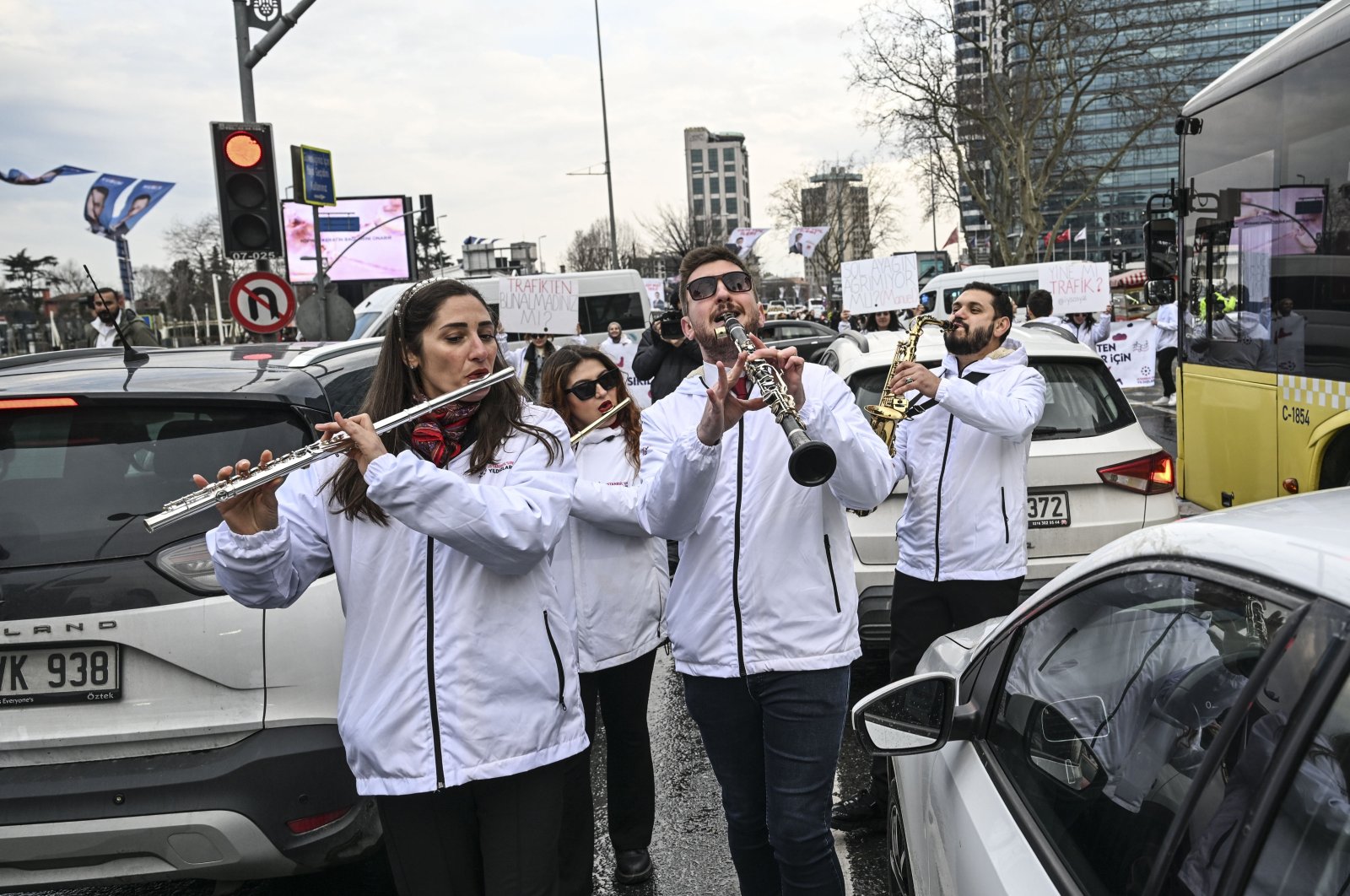 The "Stars of Istanbul" brass band perform at Büyükdere Avenue in Şişli, Istanbul, Türkiye, March 21, 2024. (AA Photo)
