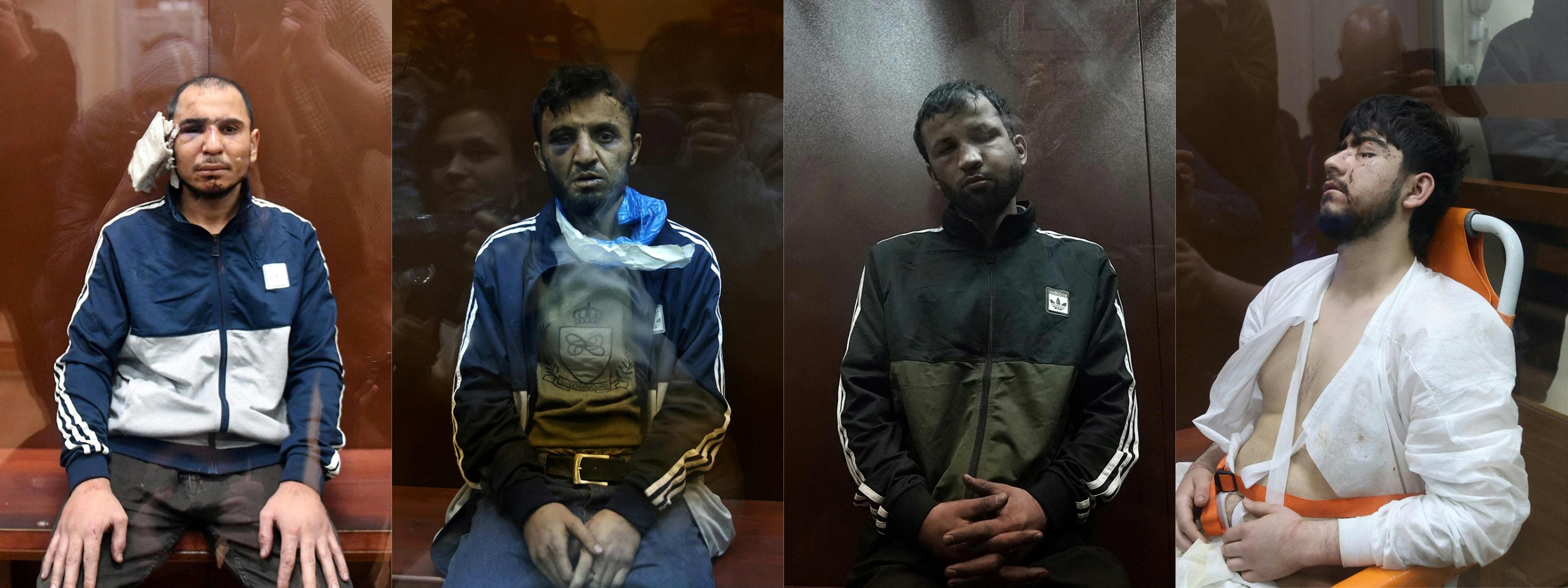 320988 This photo combo created on March 24, 2024 shows (from L) Saidakrami Murodalii Rachabalizoda, Dalerdjon (alternatively spelled Dalerdzhon) Barotovich Mirzoyev, Shamsidin Fariduni and Muhammadsobir Fayzov suspected of taking part in the attack of a concert hall that killed 137 people, sitting inside the defendant cage as he waits for his pre-trial detention hearing at the Basmanny District Court in Moscow, Russia, March 24 and 25, 2024. (AFP Photo)