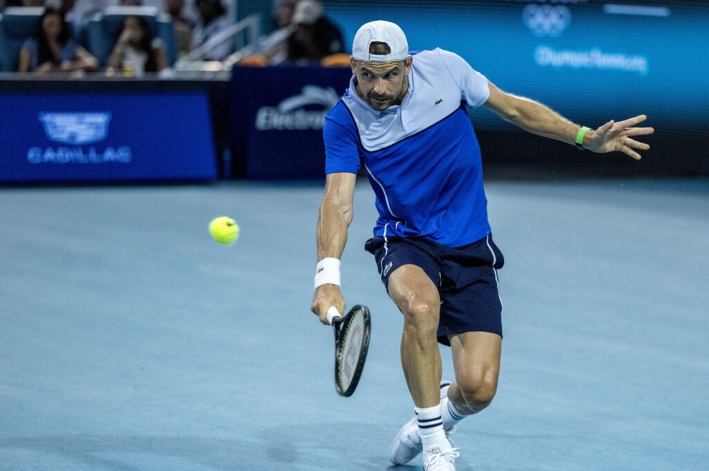 Bulgaria's Grigor Dimitrov in action against Spain's Carlos Alcaraz during the men's quarterfinals match at the 2024 Miami Open tennis tournament, Miami, Florida, U.S., March 28, 2024. (EPA Photo)