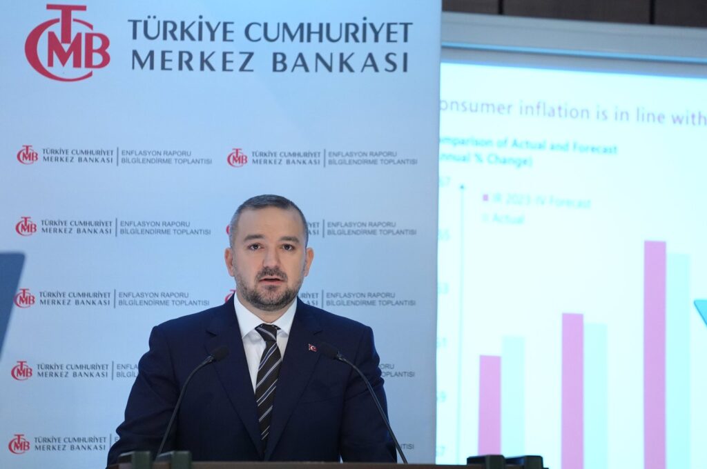 Fatih Karahan, the new governor of the Central Bank of the Republic of Türkiye (CBRT), speaks at a news conference to present the bank's quarterly inflation report, Ankara, Türkiye, Feb. 8, 2024. (AA Photo)