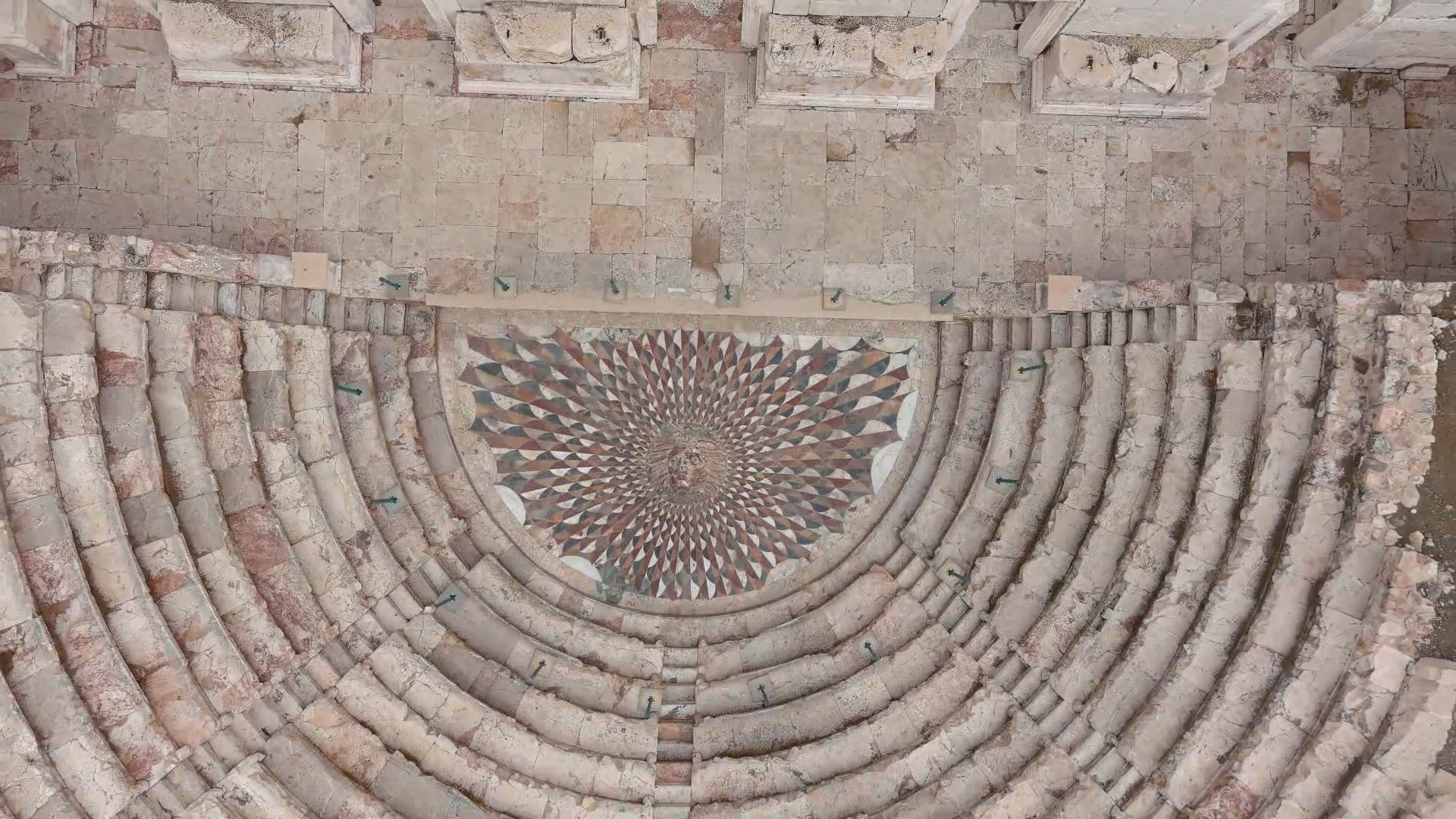 324109 An aerial view of Medusa mosaic, made of colorful marble using the