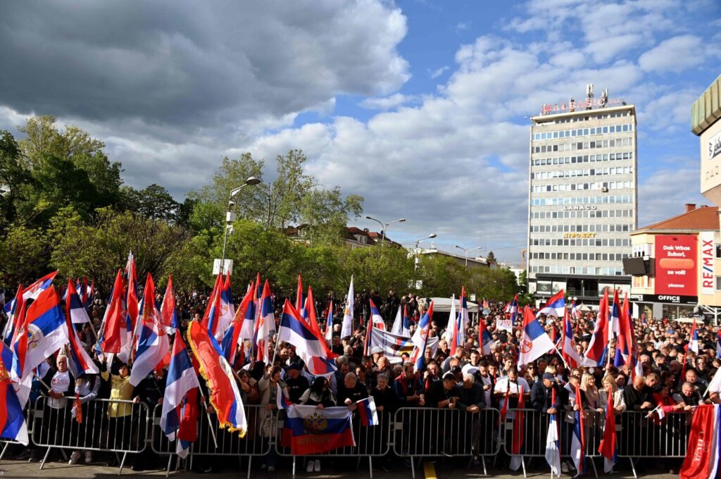 Supporters wave Serbian and Russian flags during the "Srpska Is Calling You" rally, in Banja Luka, Bosnia-Herzegovina, April 18, 2024. (AFP Photo)
