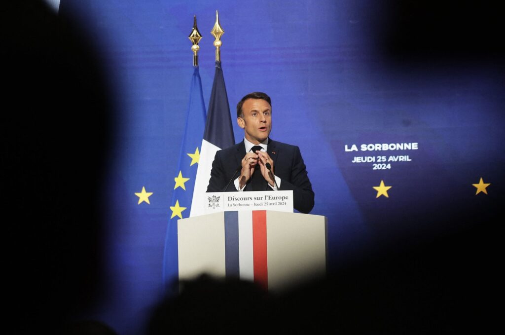 French President Emmanuel Macron delivers a speech on Europe in an amphitheater of the Sorbonne University in Paris, France, April 25, 2024. (AFP Photo)