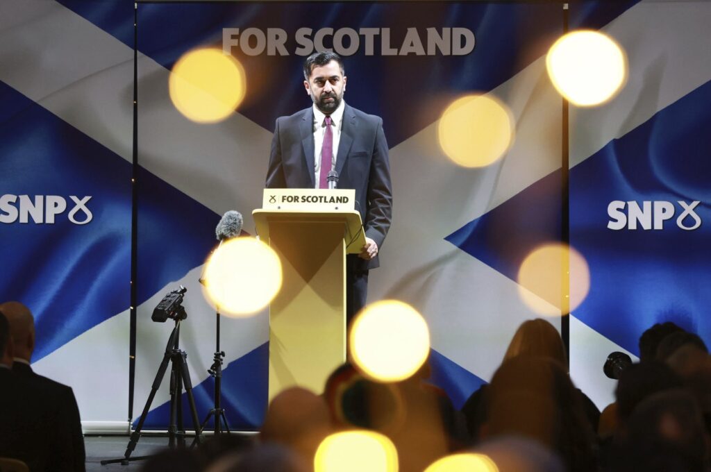 Scotland's First Minister and SNP Leader Humza Yousaf launches the party's General Election campaign at an event in Glasgow, Scotland, Jan. 12, 2024. (AP Photo)