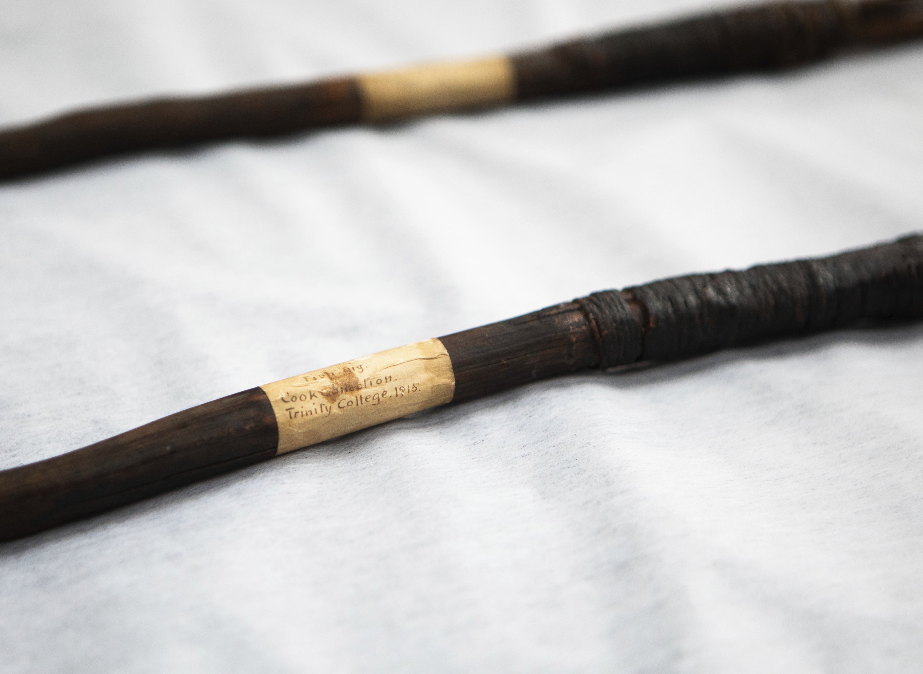 326376 Two of the four Aboriginal spears that were brought to England by Captain James Cook more than 250 years ago and have now been repatriated to Australia in a ceremony at Trinity College in Cambridge, April 23, 2024. (AP Photo)