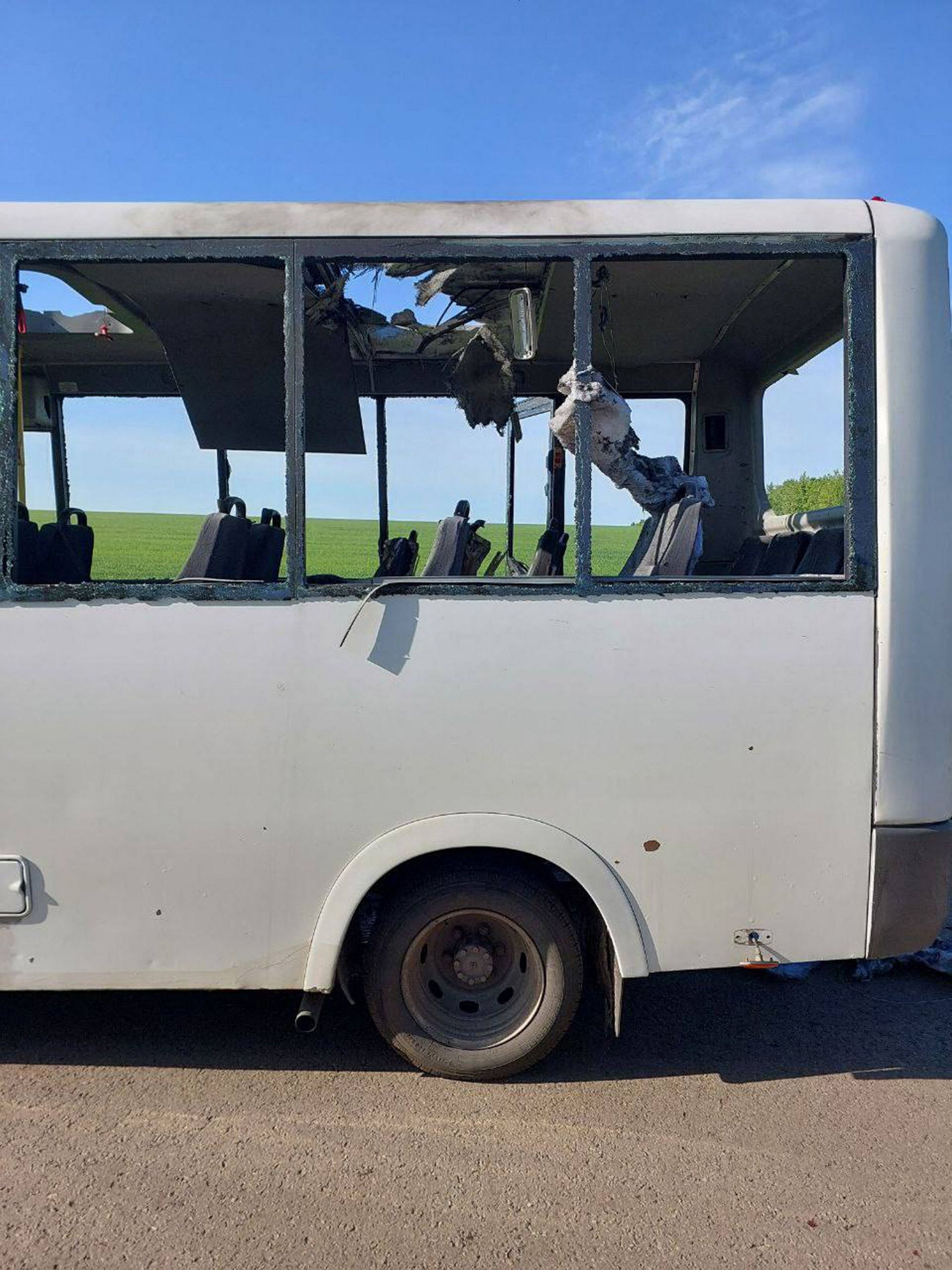 326571 This photo reportedly shows the aftermath of fresh Ukrainian aerial attacks on civilian transport outside the village of Berezovka, Belgorod region, eastern Russia, May 6, 2024. (AFP Photo)