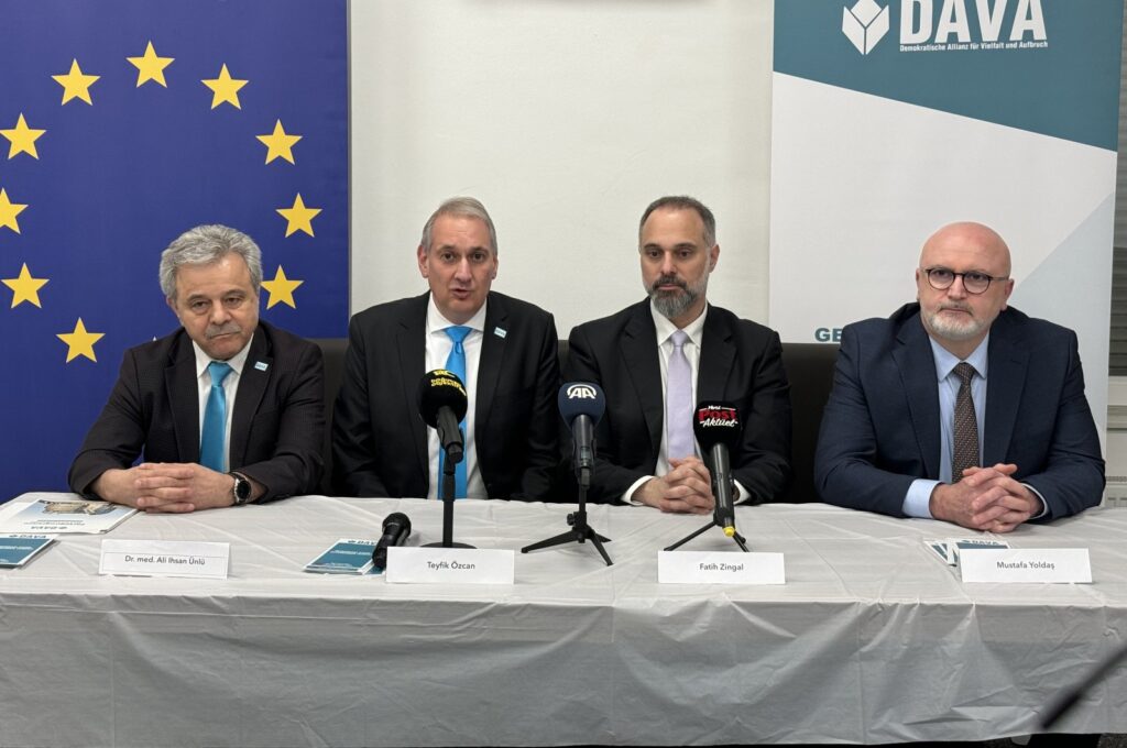 DAVA leader Teyfik Özcan (2nd L) and the party's EP elections candidates hold a press conference in the western city of Gelsenkirchen, Germany, May 3, 2024. (AA Photo)