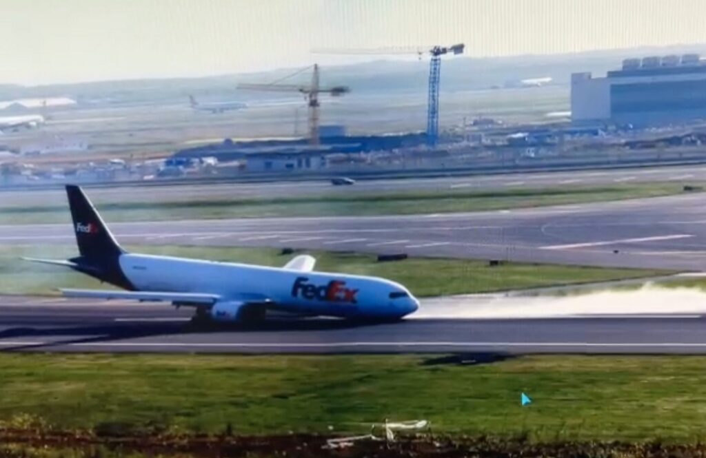 The Boeing 767 belonging to FedEx Express rests on the runway at Istanbul Airport after an emergency landing, Istanbul, Türkiye, May 8, 2024. (AA Photo)