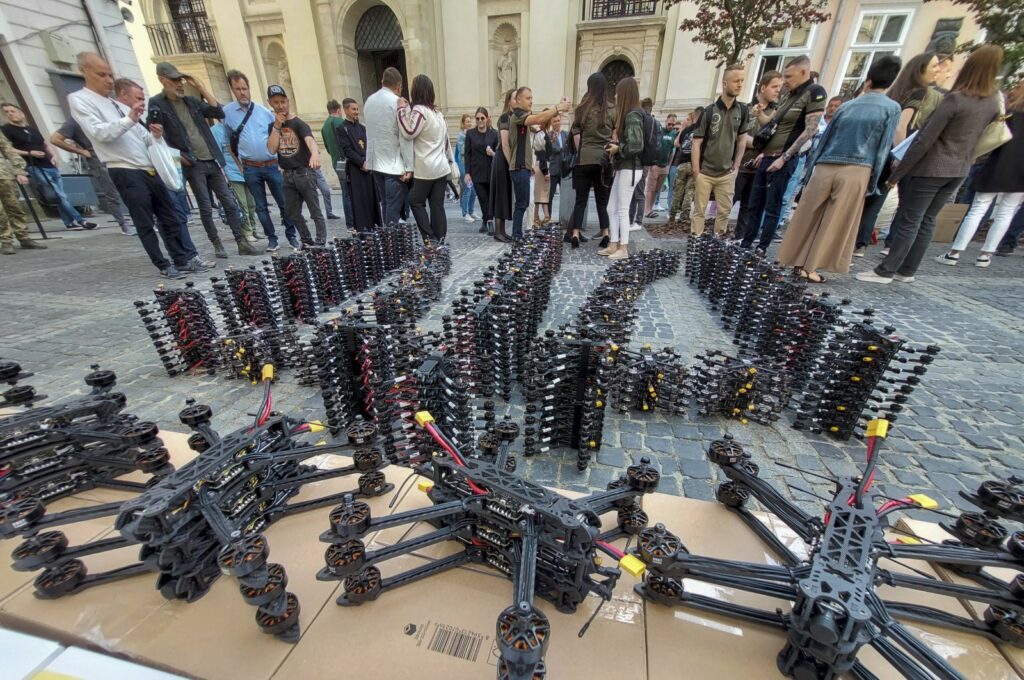 Volunteers arrange FPV (first-person view) drones to form the Ukrainian National Emblem before a ceremony to hand them to military units, in Lviv, Ukraine, May 10, 2024. (EPA Photo)