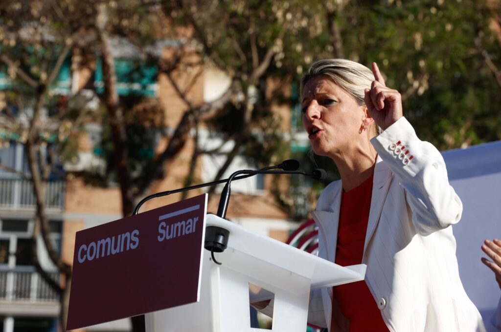 Spain's Second Deputy Prime Minister and Labor Minister Yolanda Diaz takes part in the closing electoral campaign event of left-party Comuns Sumar, in Cornella de Llobregat, Barcelona, Spain, May 10, 2024. (EPA Photo)
