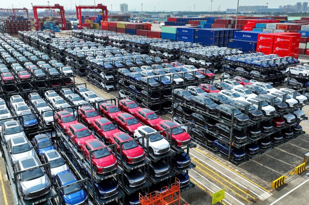 This photo shows BYD electric cars awaiting to be loaded onto a ship at the international container terminal of Taicang Port at Suzhou Port, eastern Jiangsu Province, China, Sept. 11, 2023. (AFP Photo)