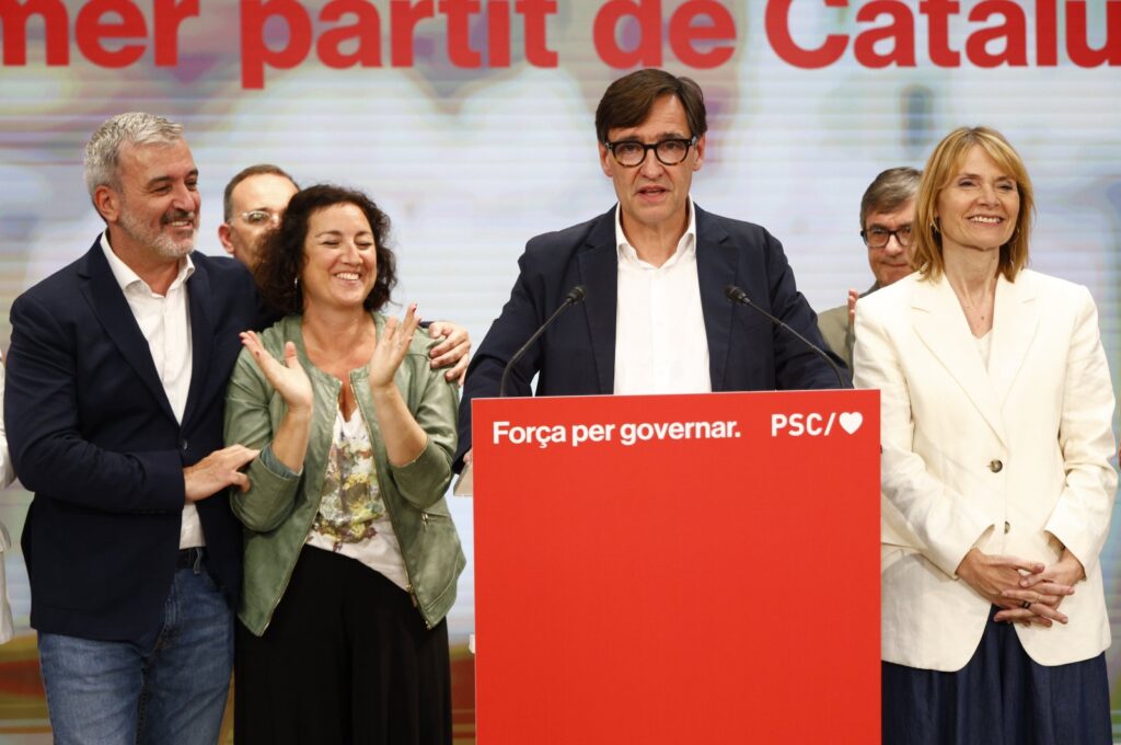 Catalonia's Socialist Party (PSC) candidate Salvador Illa (C) addresses the media in a press conference during the Catalonia regional election, in Barcelona, Spain, May 12, 2024. (EPA Photo)