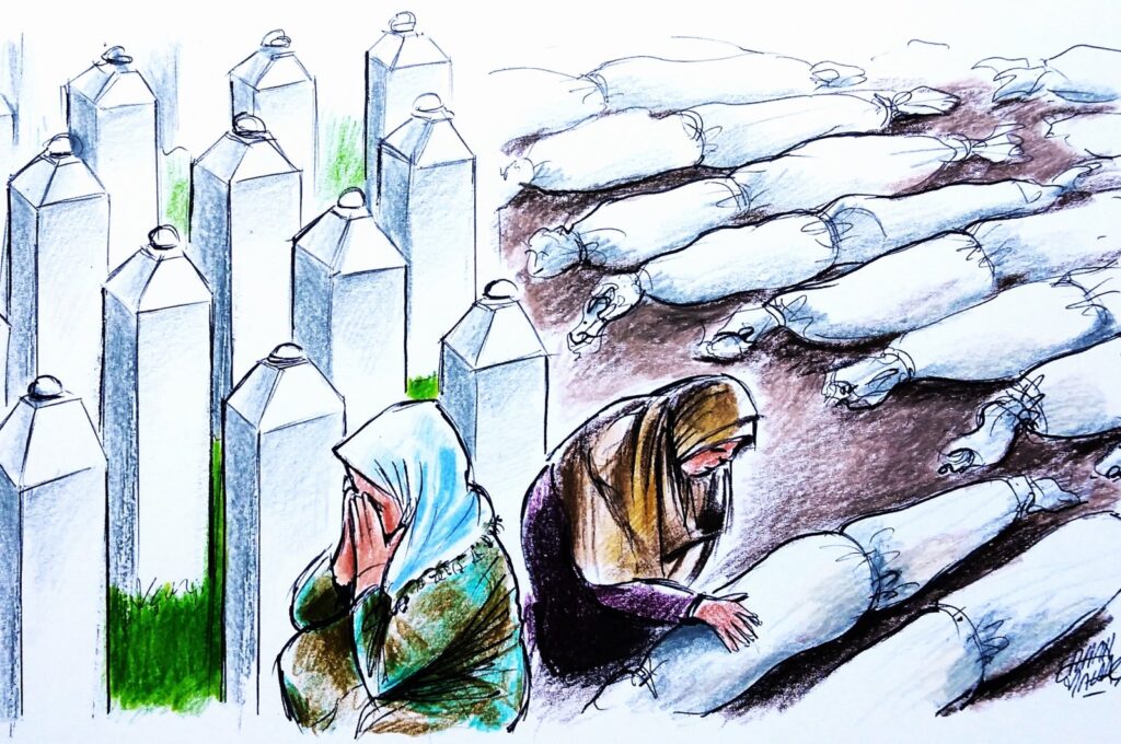 "Today, in this upside-down world, we feverishly await the final vote in the U.N. General Assembly on the genocide in Srebrenica, while Gaza has been destroyed, and its people starved and denied water." (Illustration by Erhan Yalvaç)