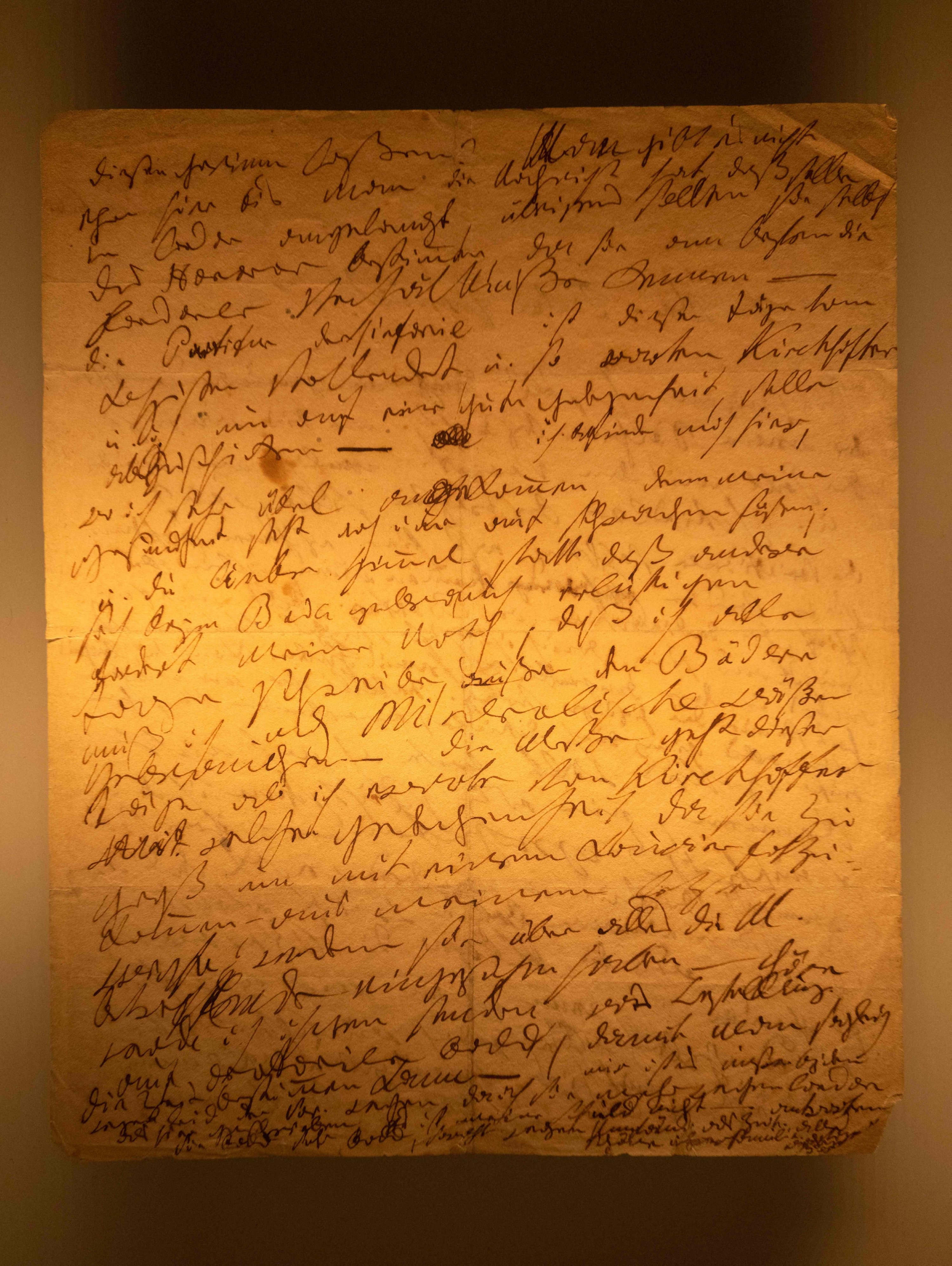 327833 A letter in which German composer Ludwig van Beethoven wrote to his former student that he was working very hard to complete the 9th symphony while he was in Baden to recuperate, on display at the Beethovenhaus Museum, Baden bei Wien, Austria, April 30, 2024. (AFP Photo)