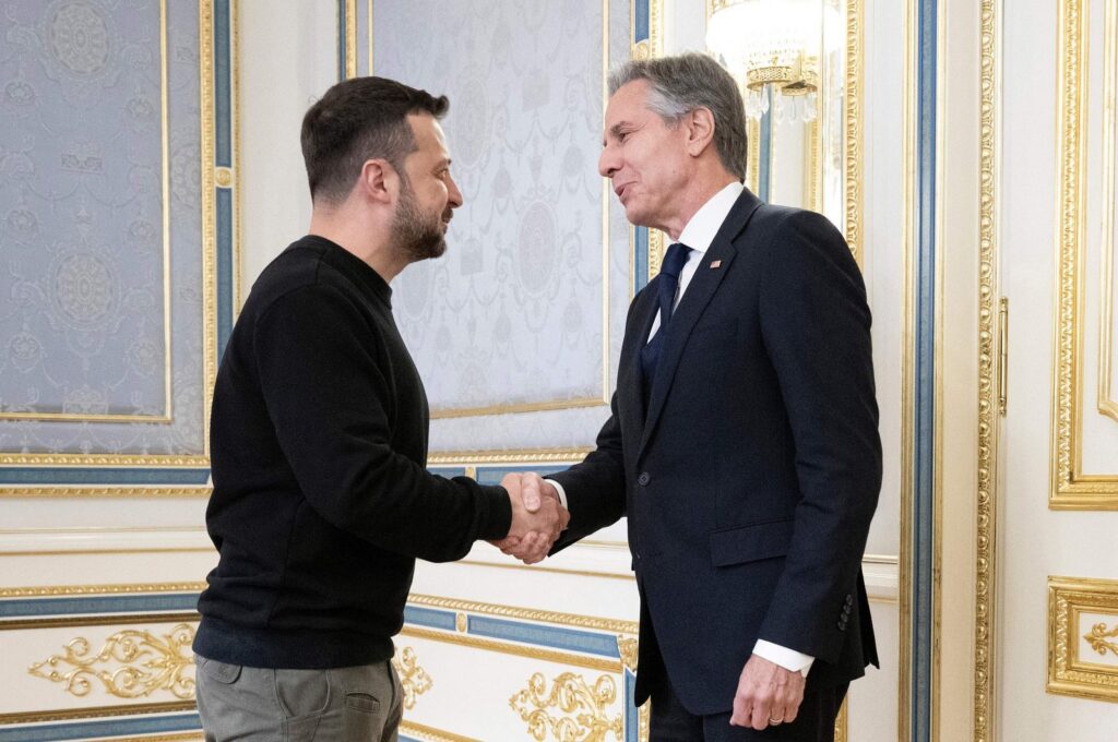 Ukraine's President Volodymyr Zelenskyy (L) greets U.S. Secretary of State Antony Blinken (R) in Kyiv, Ukraine, May 14, 2024. (AFP Photo)