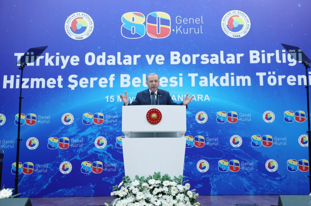 President Recep Tayyip Erdoğan speaks during a general assembly meeting of the Union of Chambers and Commodity Exchanges of Türkiye (TOBB), Ankara, Türkiye, May 15, 2024. (AA Photo)