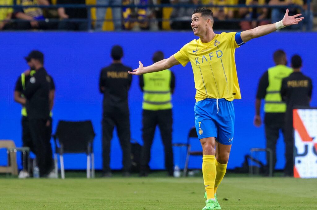 Al-Nassr's Cristiano Ronaldo celebrates scoring his team's first goal during the Saudi Pro League football match against Al-Wehda at Al-Awwal Stadium, Riyadh, Saudi Arabia, May 4, 2024. (AFP Photo)