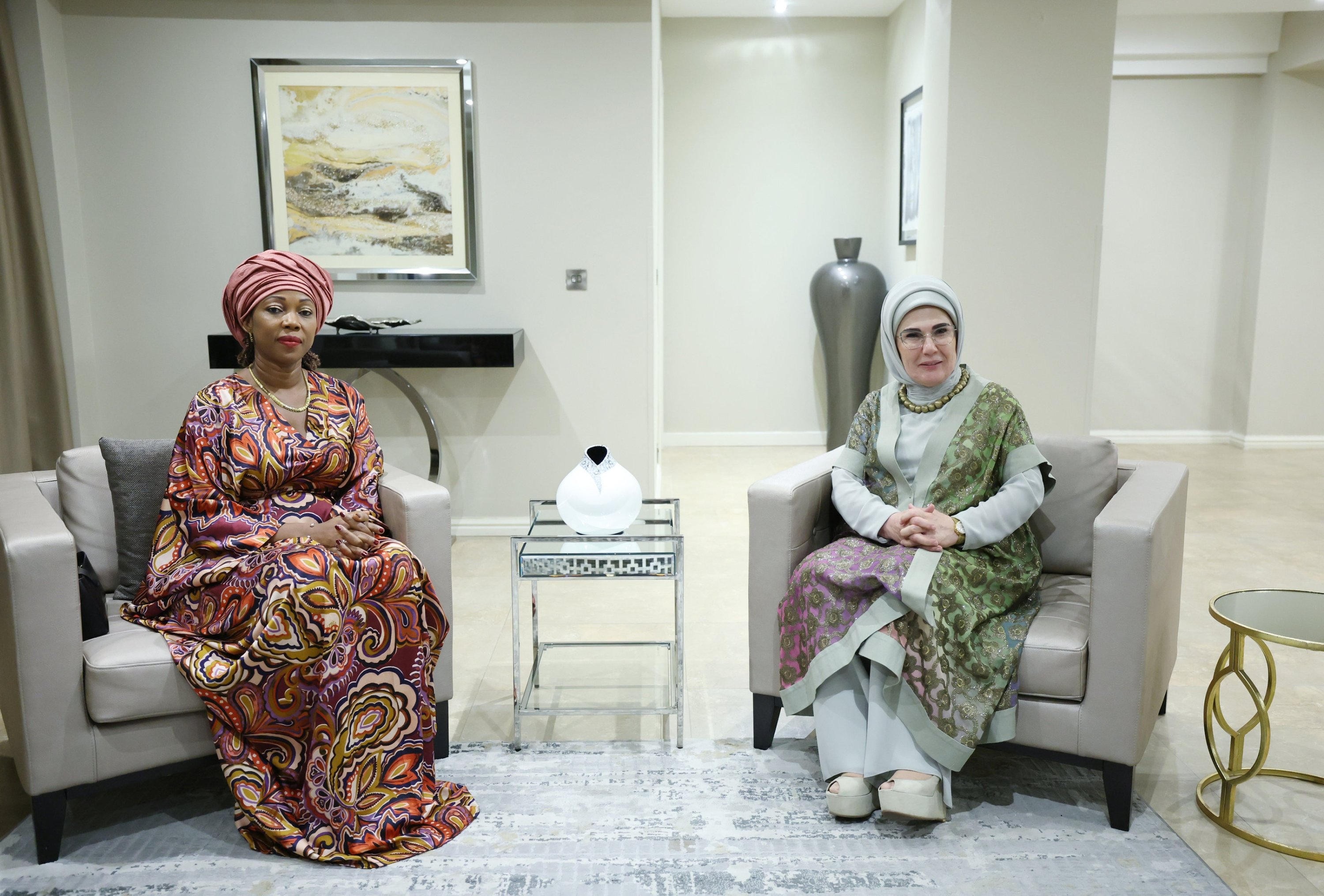 328148 First lady Emine Erdoğan met with Fatima Maada Bio, the first lady of Sierra Leone, Abuja, Nigeria, May 15, 2024. (AA Photo)