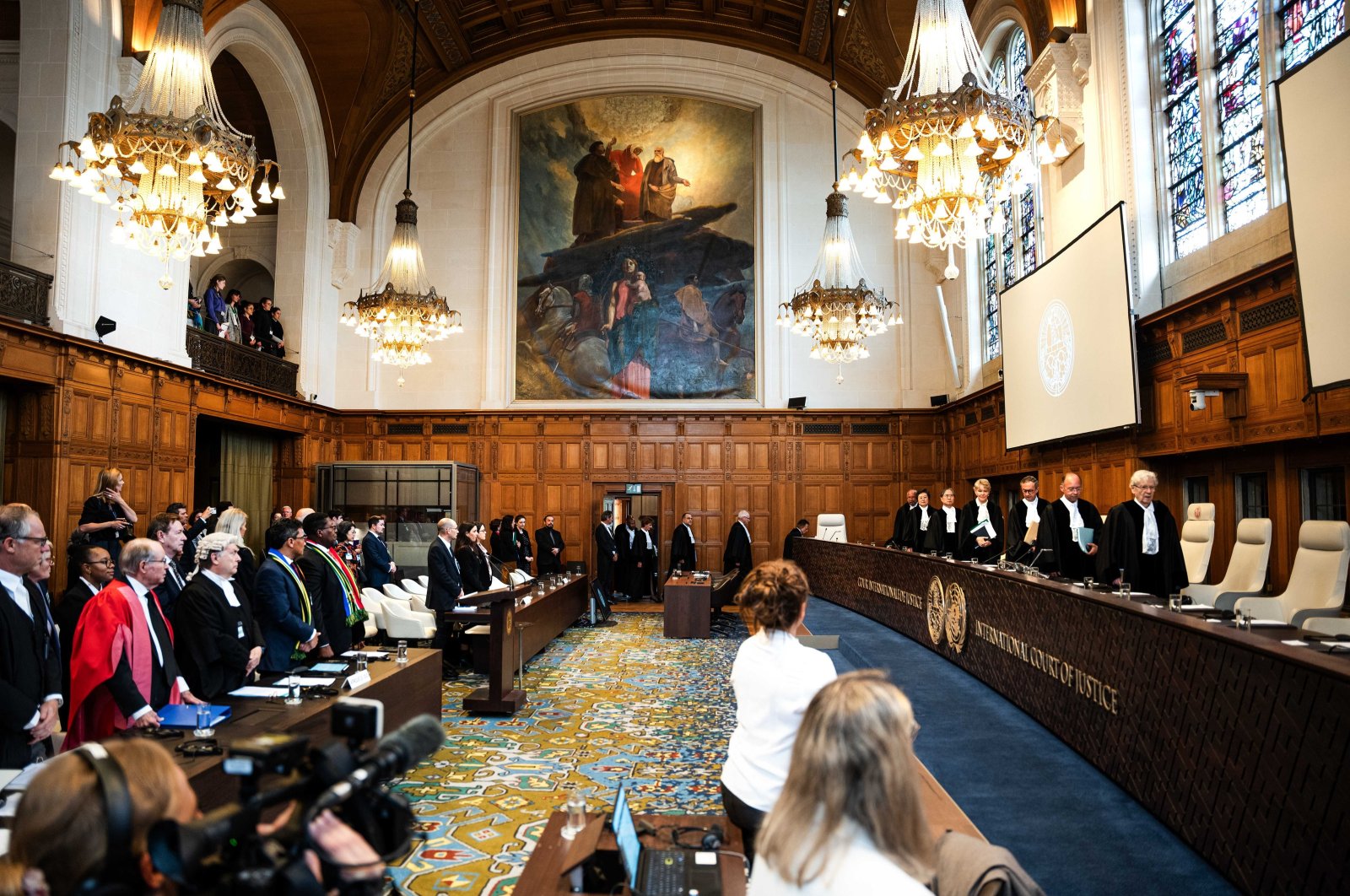 The judges enter the courtroom during a hearing at the International Court of Justice (ICJ) on Israel's attacks on Gaza’s Rafah, at the Peace Palace, The Hague, Netherlands, May 16, 2024. (EPA Photo)