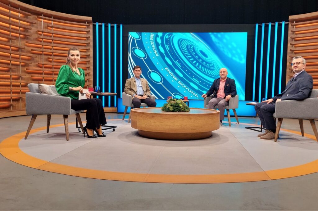 In this screengrab from broadcaster TRT, Nebi Miş (2nd R) attends a TV show with his predecessor Burhanettin Duran (R) and SETA director of foreign policy research, Professor Murat Yeşiltaş (2nd L), April 28, 2024.