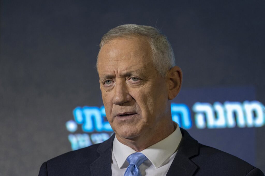 Benny Gantz speaks at the announcement of former IDF chief Gadi Eisenkot's election bid in Ramat Gan, Israel, on Aug. 14, 2022. (AP File Photo)