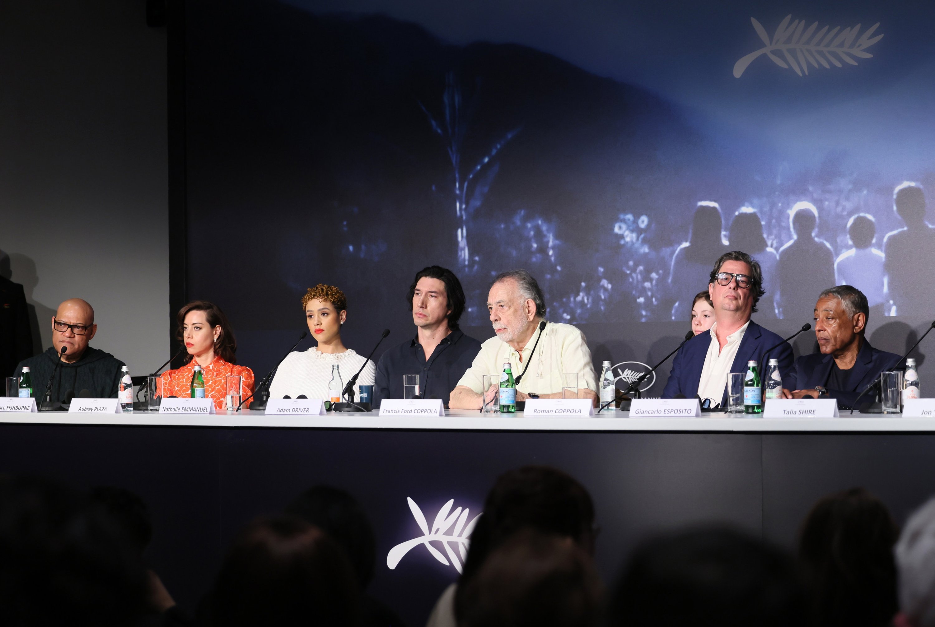 328519 (L-R) Actors Laurence Fishburne, Aubrey Plaza, Nathalie Emmanuel, Adam Driver, and U.S. director Francis Ford Coppola attend the press conference for