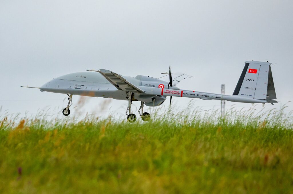 The Bayraktar TB3 unmanned combat aerial vehicle is photographed during its test flight, at the AKINCI Flight Training and Test Center in the Çorlu district of Tekirdağ, northwestern Türkiye, May 2, 2023. (AA Photo)