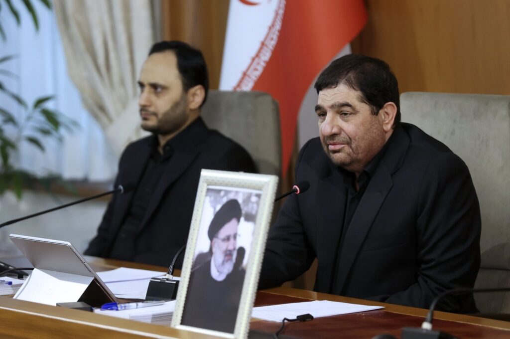 Iranian First Vice President Mohammad Mokhber (R) now acting President of the Islamic Republic of Iran, leads a cabinet meeting in Tehran, Iran, May 20, 2024. (AP Photo)